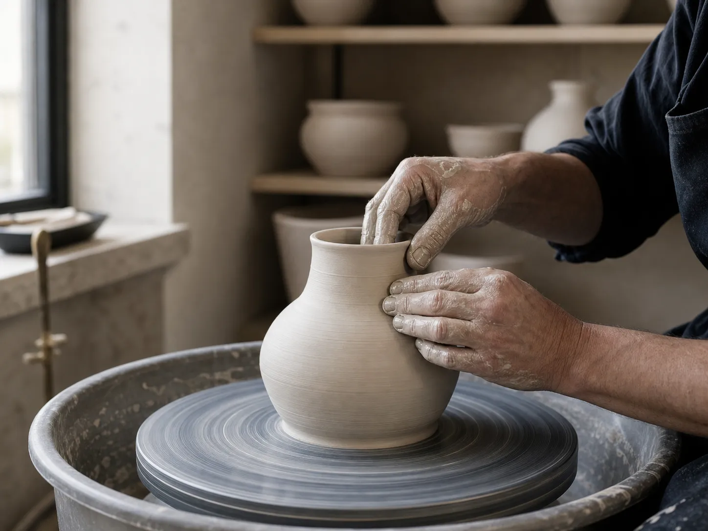 Un céramiste façonne un vase sur le tour, entouré de pièces en attente de cuisson