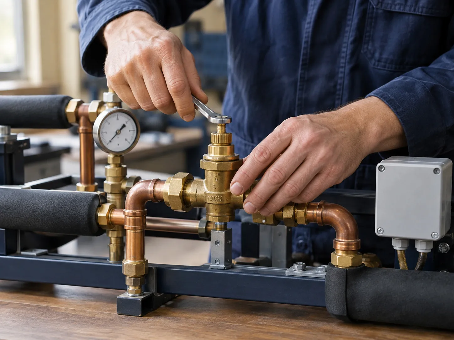Un technicien règle une vanne thermostatique sur un collecteur de chauffage, manomètre et tuyaux de cuivre à l'appui