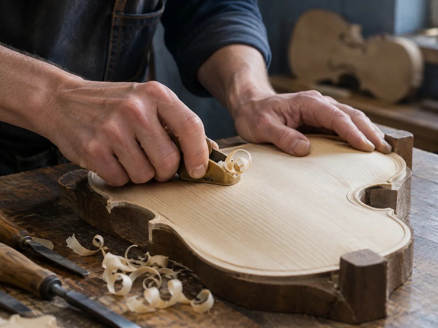Un luthier rabote la table d'harmonie d'un violon, copeaux de bois et ébauche d'instrument en fond